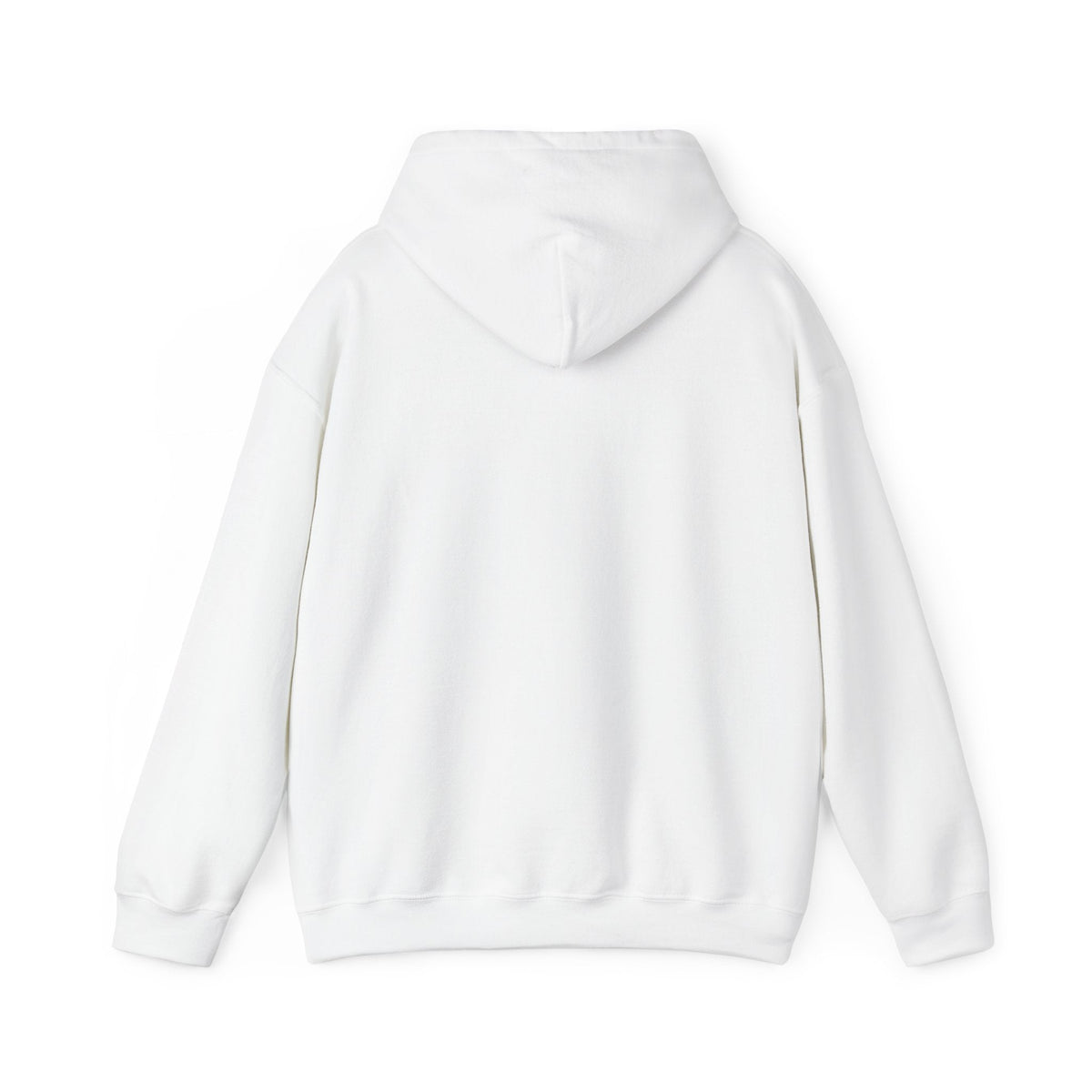 Back view of a PURETE classic white hoodie featuring a double-lined hood and soft cotton-polyester blend fabric.