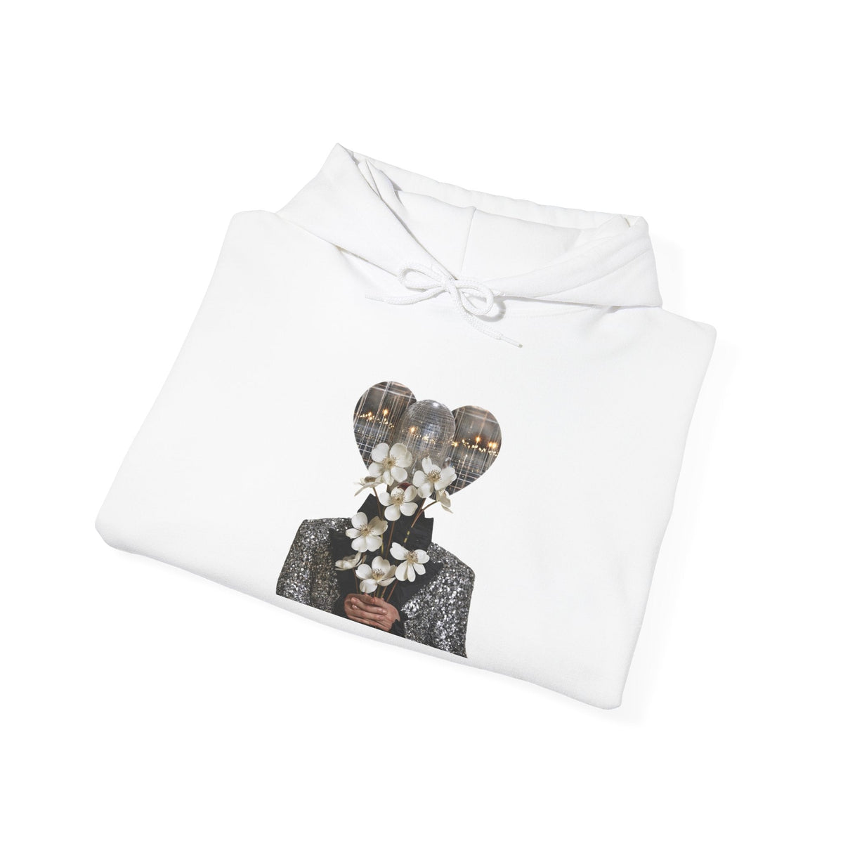 PURETE white cotton-blend hoodie featuring a graphic print of a person holding white flowers with a disco ball head.