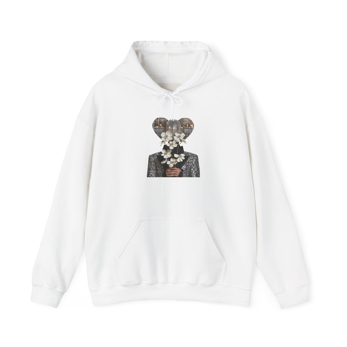 PURETE classic white hoodie featuring a surreal heart-shaped graphic print of a person holding flowers on the chest.