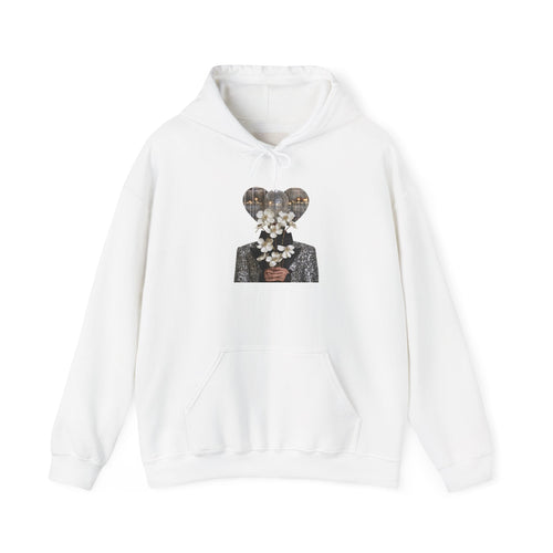 PURETE classic white hoodie featuring a surreal heart-shaped graphic print of a person holding flowers on the chest.