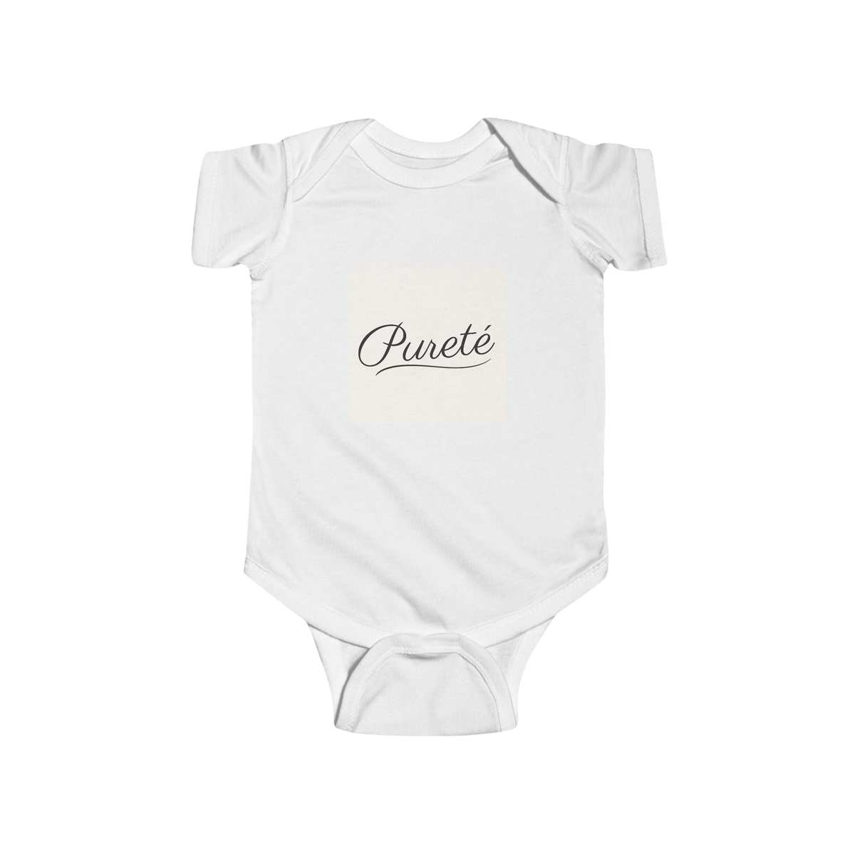 PURETE white infant bodysuit in soft cotton with a delicate black script logo on the chest and snap crotch closure.