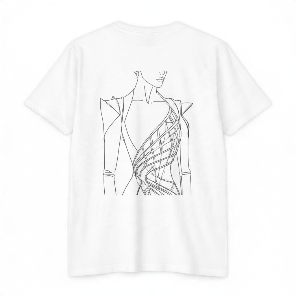 PURETE white unisex CVC jersey t-shirt featuring a black line art illustration of a structured fashion design