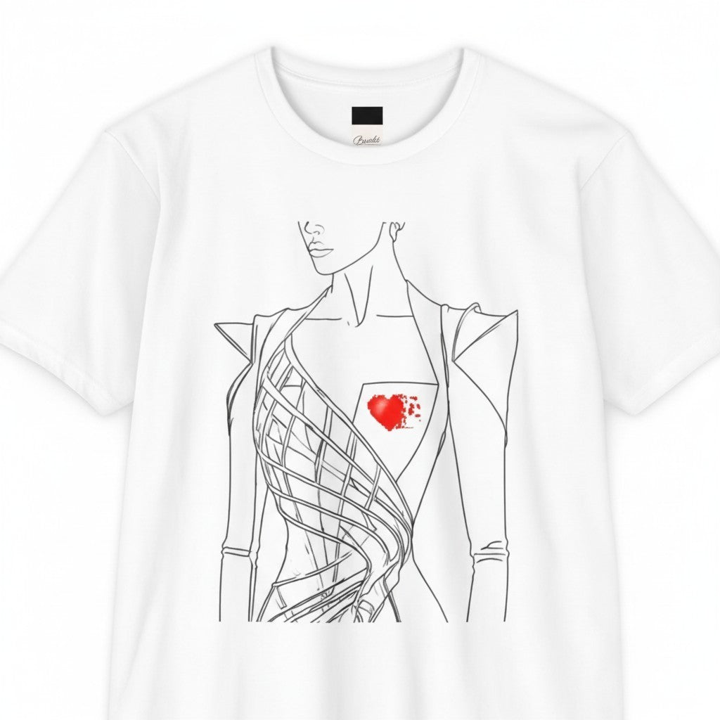 PURETE white unisex CVC jersey t-shirt featuring a black line art illustration of a woman with a red heart detail.