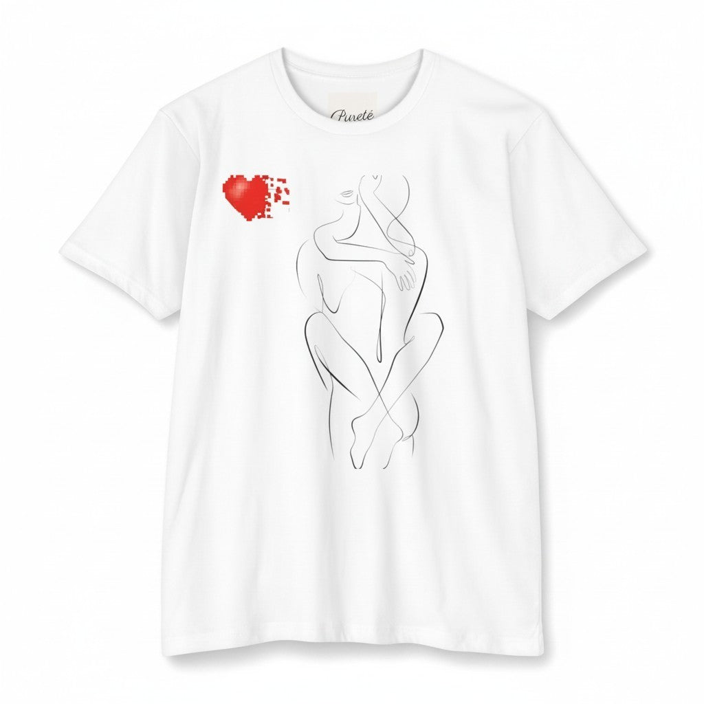 PURETE white unisex CVC jersey t-shirt featuring a black line art figure drawing and a pixelated red heart graphic.