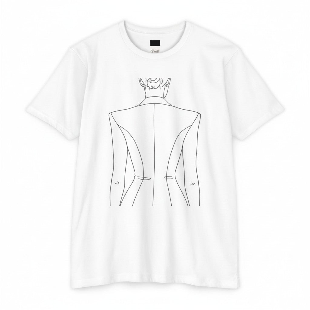 PURETE white unisex CVC jersey t-shirt featuring a minimalist black line art illustration of a blazer on the back.
