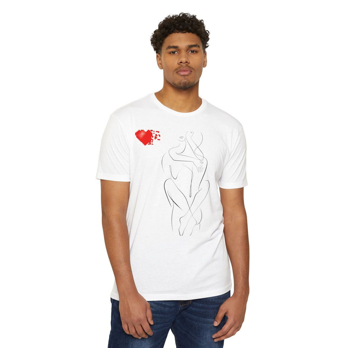 PURETE unisex white CVC jersey t-shirt featuring a black line art figure drawing and a small red pixelated heart.