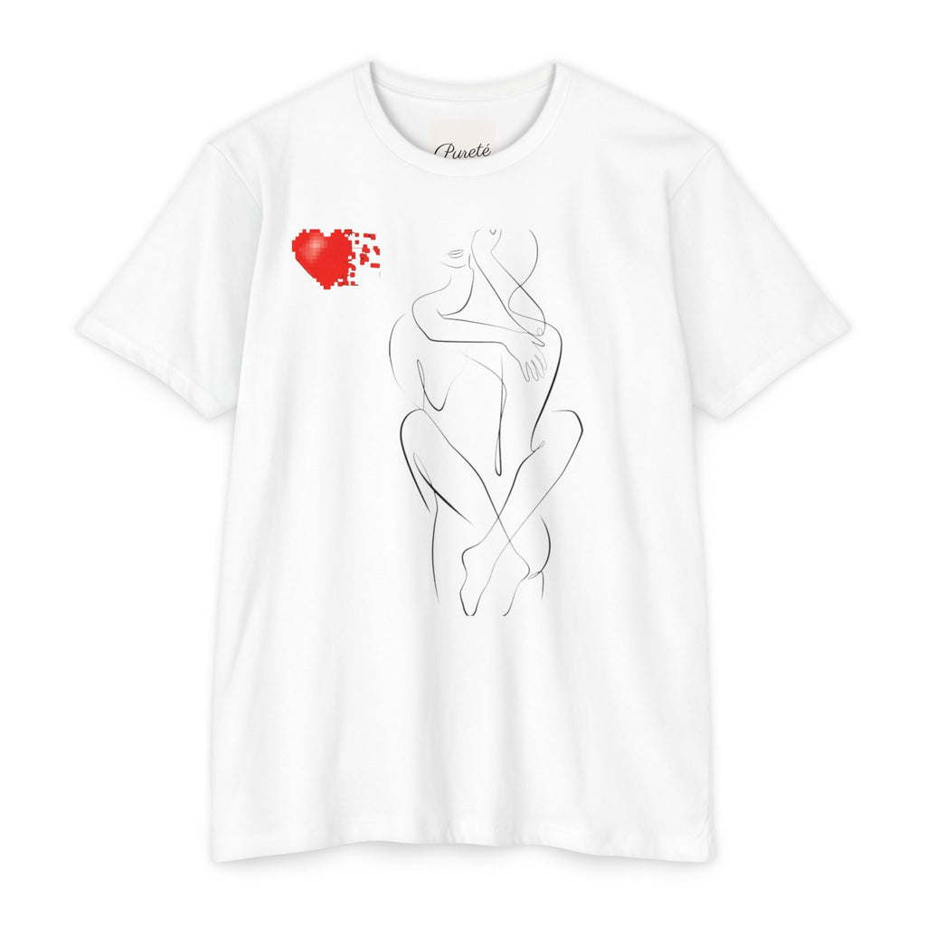 PURETE white unisex CVC jersey t-shirt featuring a black line art figure drawing and a small red pixelated heart.