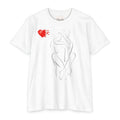 PURETE white unisex CVC jersey t-shirt featuring a black line art figure drawing and a small red pixelated heart.