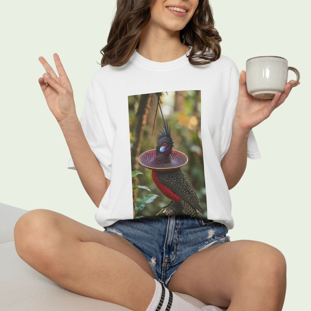 Woman wearing a white PURETE heavyweight cotton t-shirt featuring a vibrant tropical bird graphic on the chest.