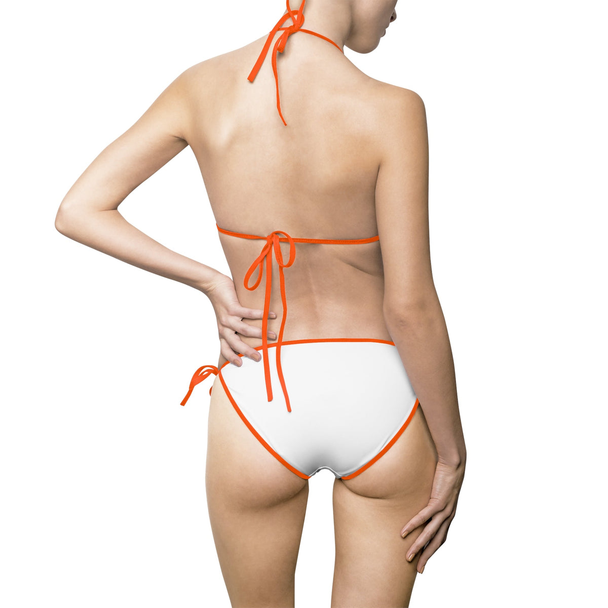 Back view of a PURETE white bikini with vibrant orange trim, featuring tie-side bottoms and adjustable straps.
