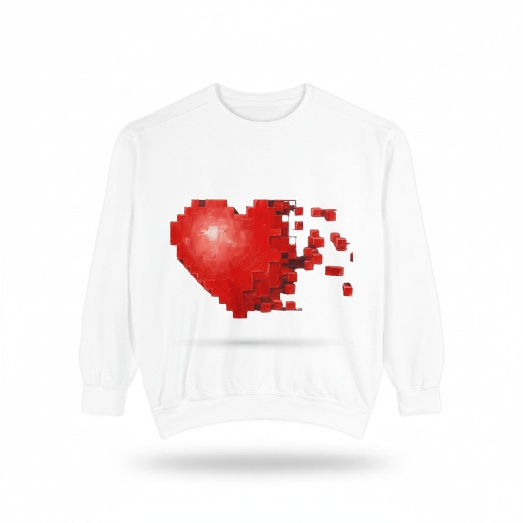 PURETE white crewneck sweatshirt featuring a red 3D pixelated heart graphic that appears to be breaking apart.