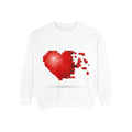 PURETE unisex white crewneck sweatshirt featuring a red 3D pixelated heart graphic that appears to be shattering.