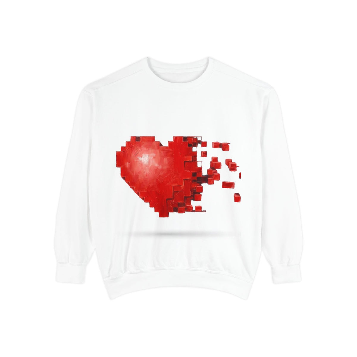 PURETE unisex white crewneck sweatshirt featuring a red 3D pixelated heart graphic that appears to be shattering.