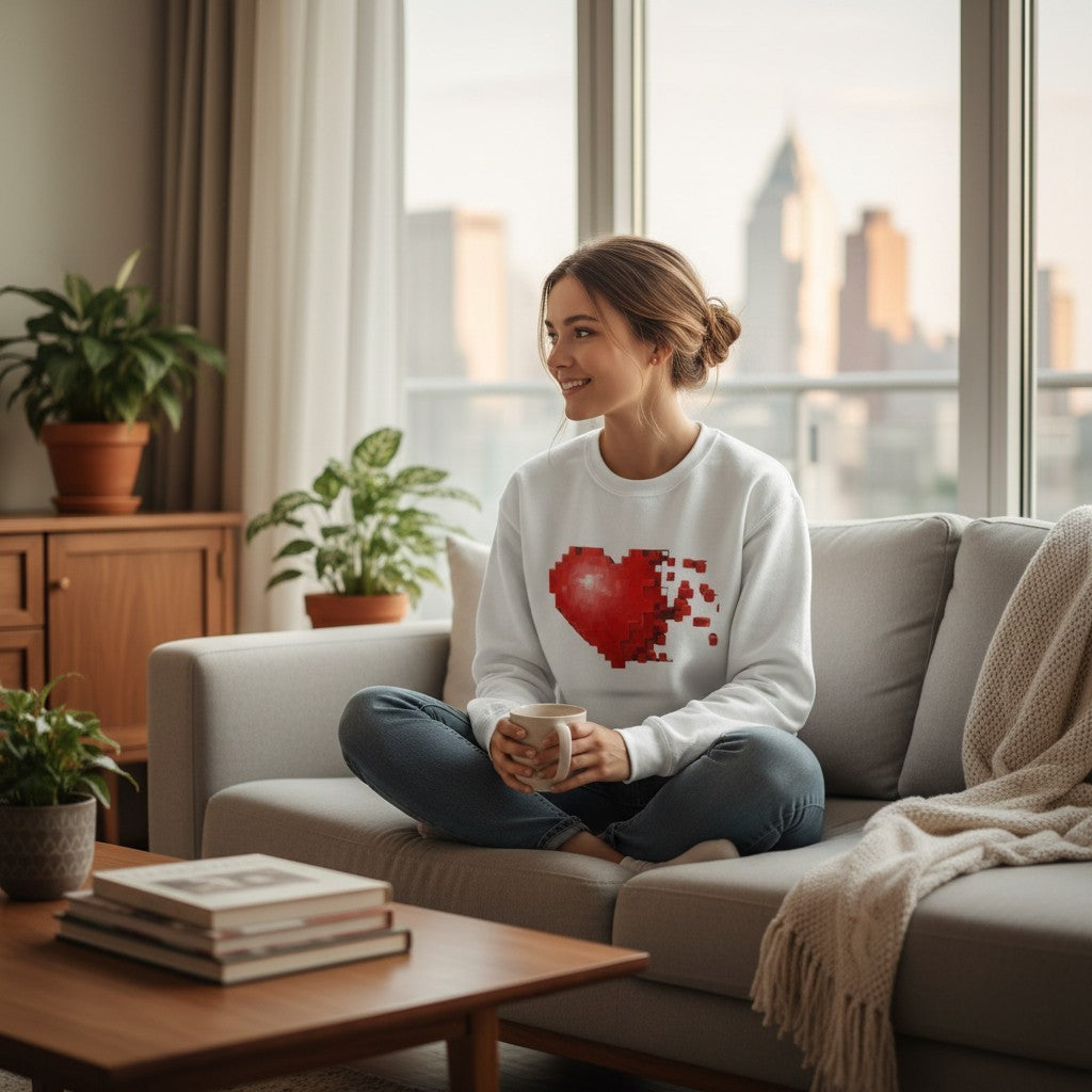 PURETE unisex garment-dyed white crewneck sweatshirt with a pixelated red heart graphic worn by a woman on a sofa.