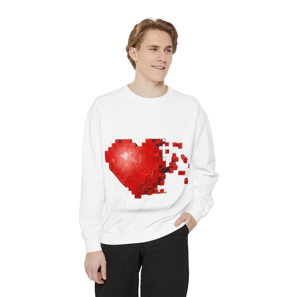 PURETE unisex white crewneck sweatshirt featuring a red pixelated heart graphic on a male model