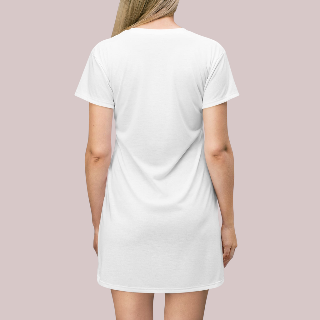 Back view of a PURETE white polyester t-shirt dress on a model, featuring a tagless design and light fabric.