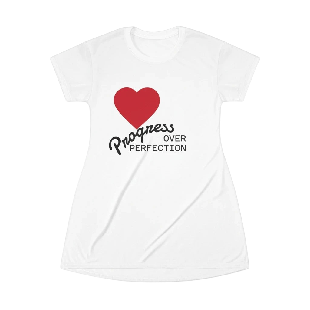 PURETE white polyester t-shirt dress featuring a red heart graphic and the text Progress Over Perfection