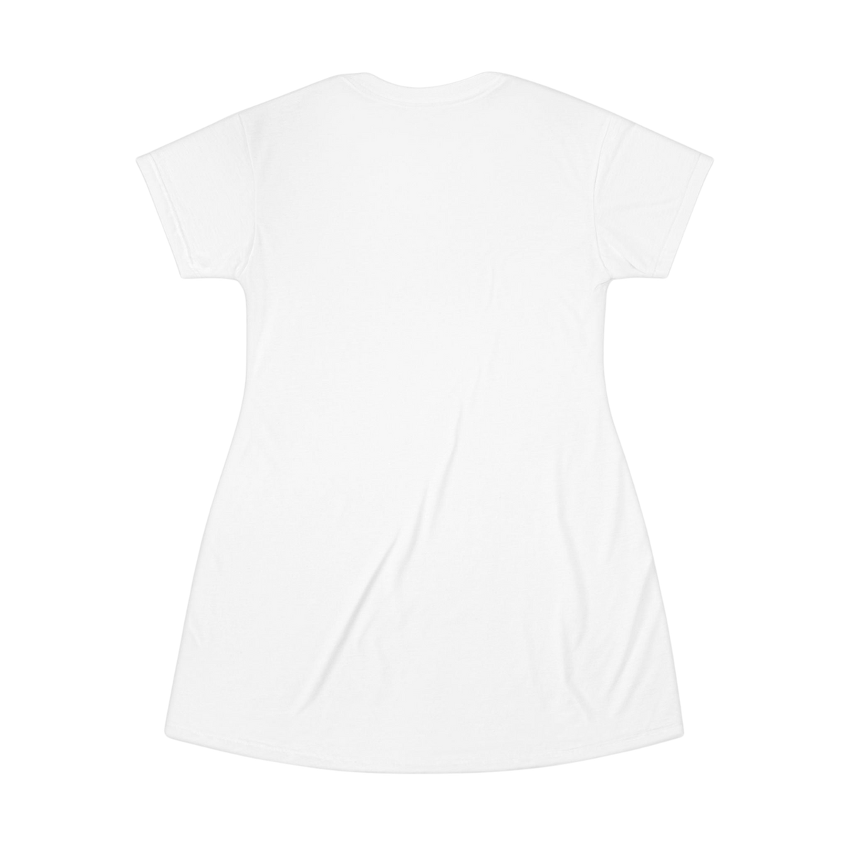 PURETE plain white polyester t-shirt dress with a tagless design, shown from the back view.