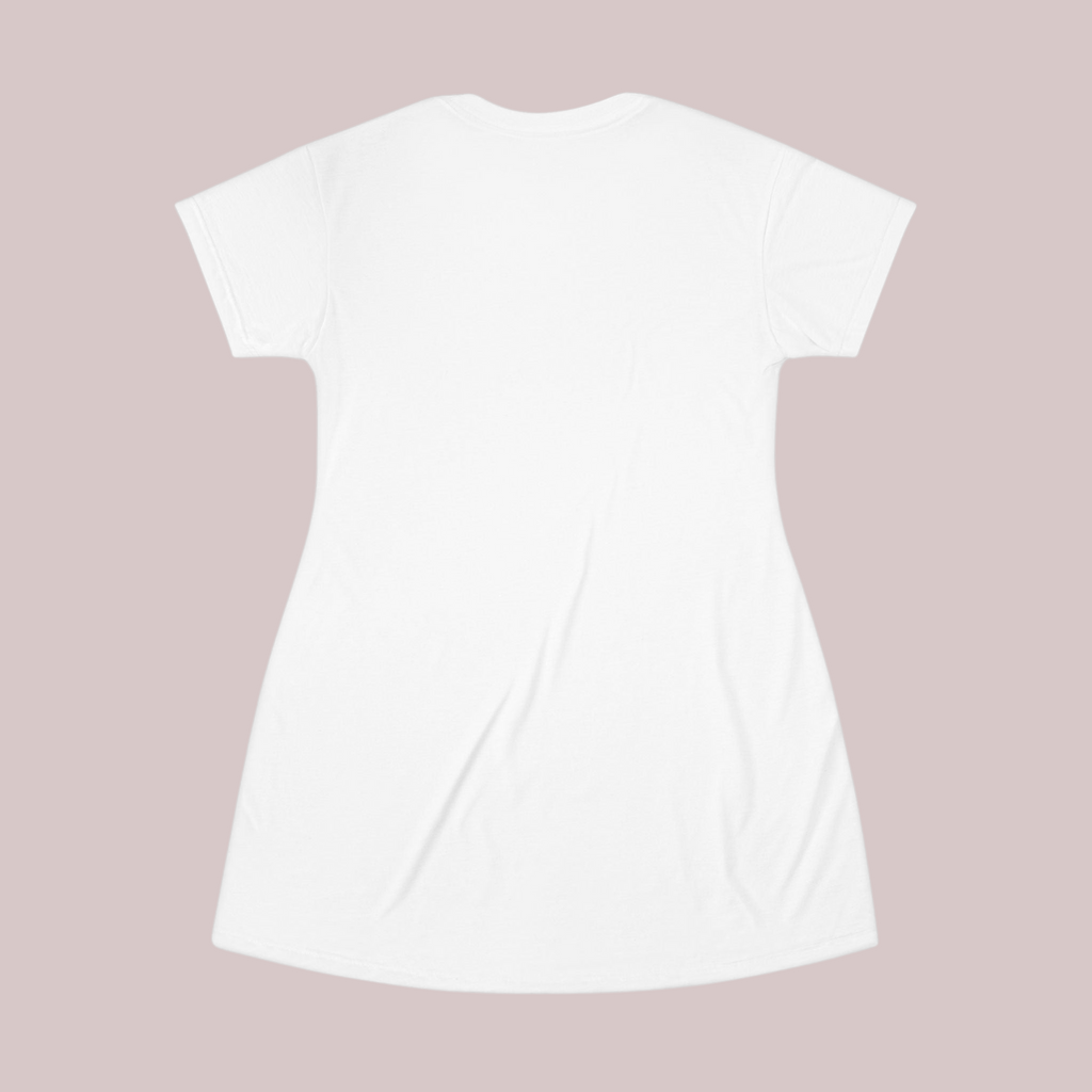 PURETE tagless white polyester t-shirt dress with short sleeves and a relaxed fit, back view