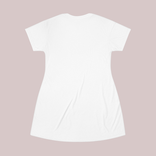 PURETE tagless white polyester t-shirt dress with short sleeves and a relaxed fit, back view