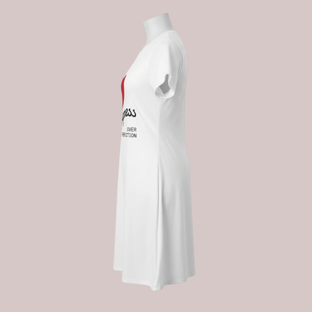 PURETE white polyester t-shirt dress with red and black graphic print on a mannequin, side view