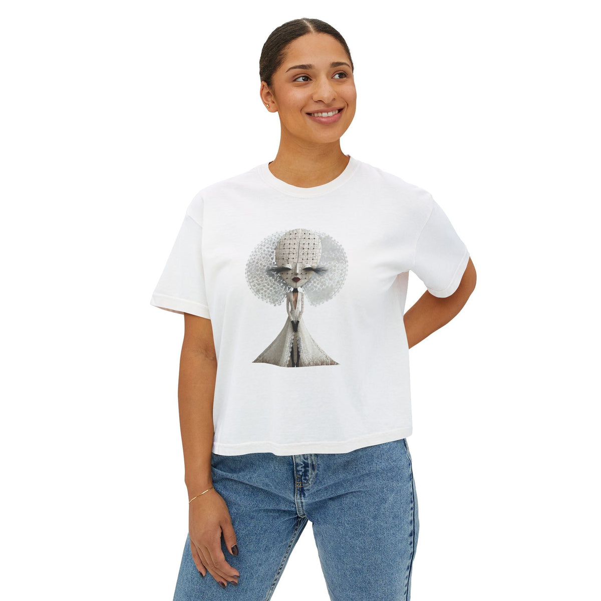 A model wearing a PURETE white boxy cotton t-shirt featuring a vintage-style poodle portrait graphic.