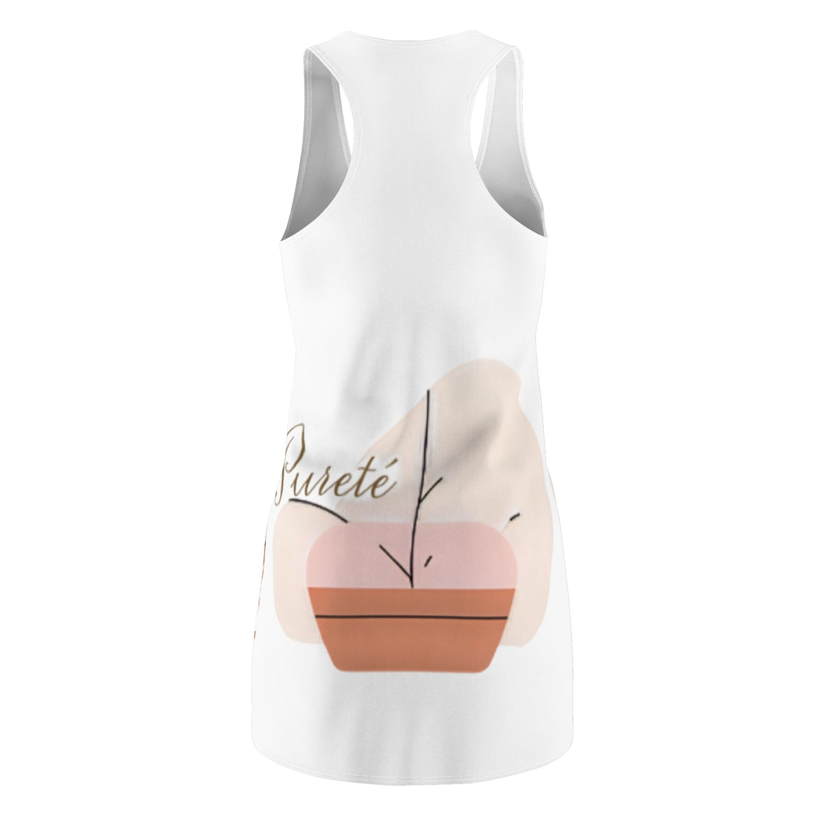 PURETE racerback dress in white with a minimalist abstract plant print, featuring a sporty fit and tagless design.