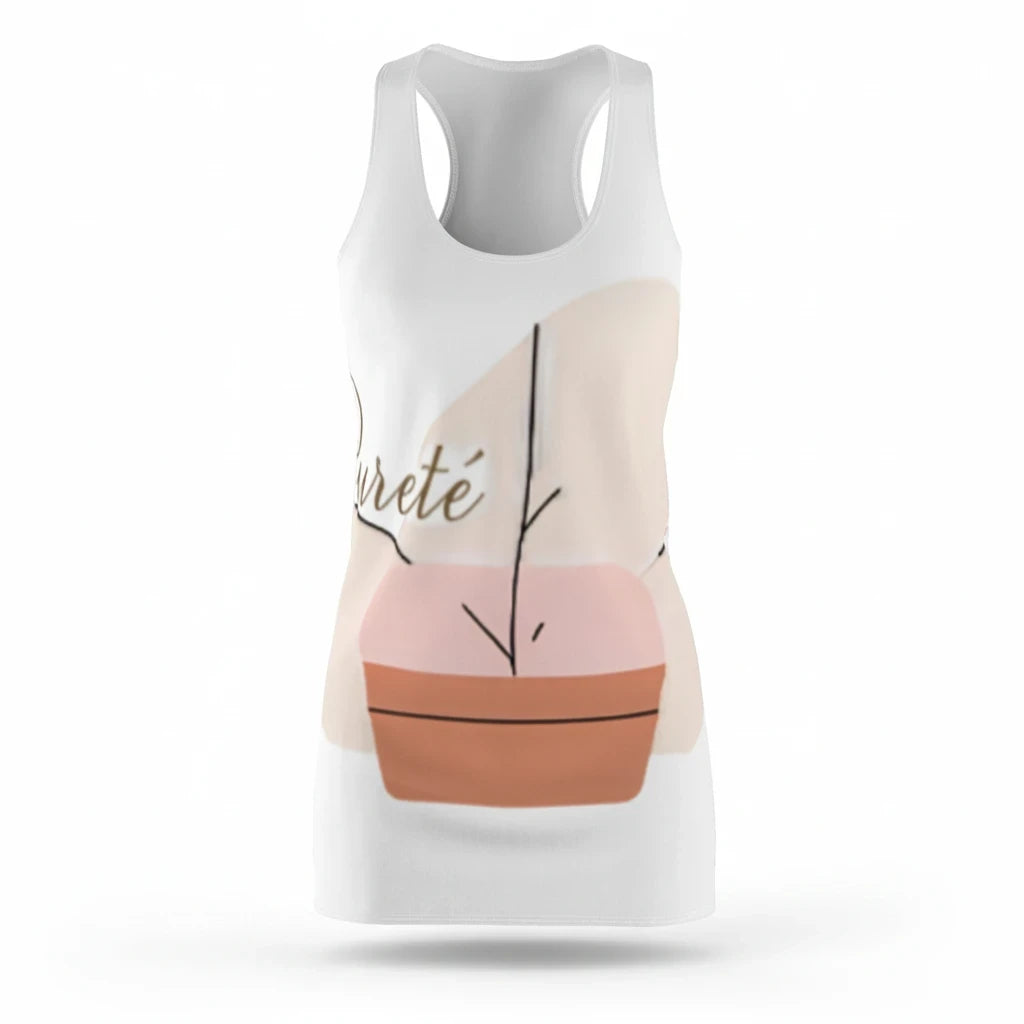 PURETE women's white racerback dress featuring a minimalist abstract potted plant print in soft earth tones.