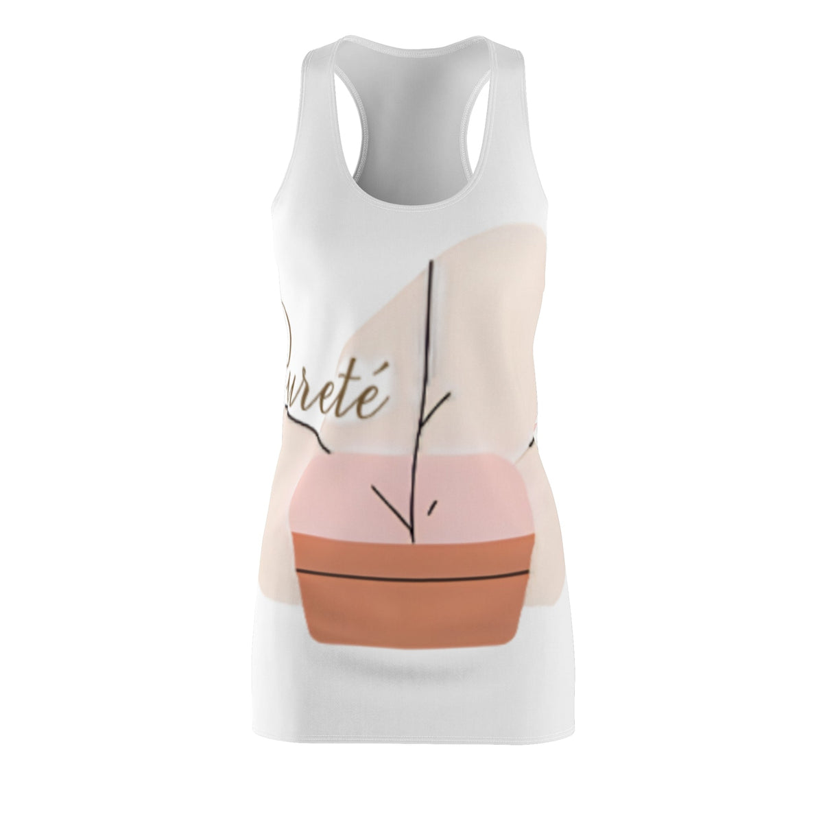 PURETE women's white racerback dress with a minimalist abstract plant print in soft pink and terracotta tones.
