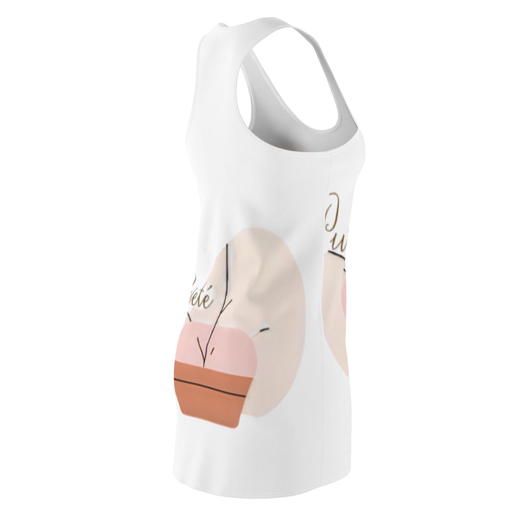 PURETE white racerback dress with abstract potted plant graphic print in a sporty polyester fabric