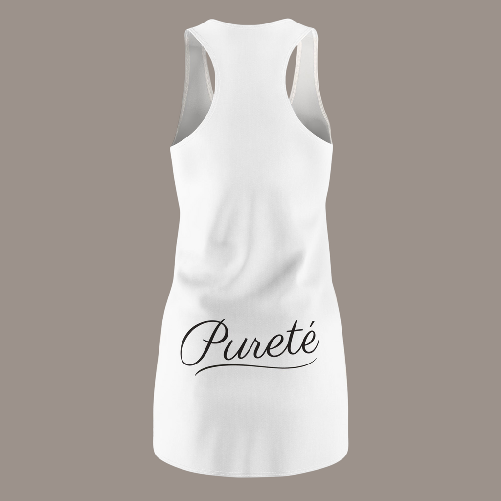 PURETE white racerback dress with a sporty fit and black logo print on the back, made from lightweight polyester.