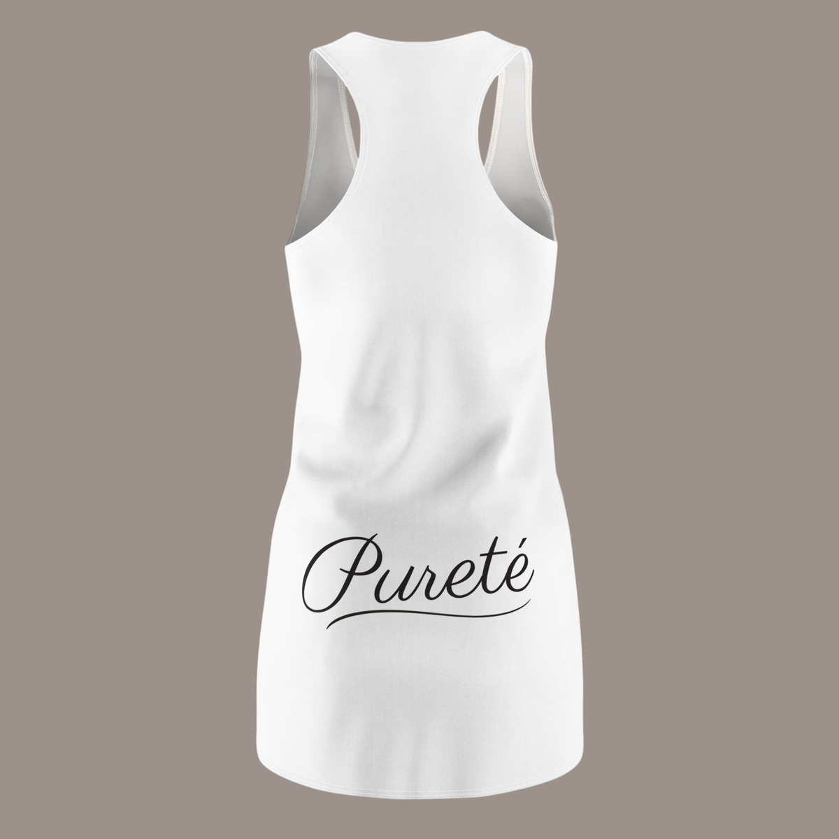 PURETE white racerback dress with a sporty fit and black logo print on the back, made from lightweight polyester.