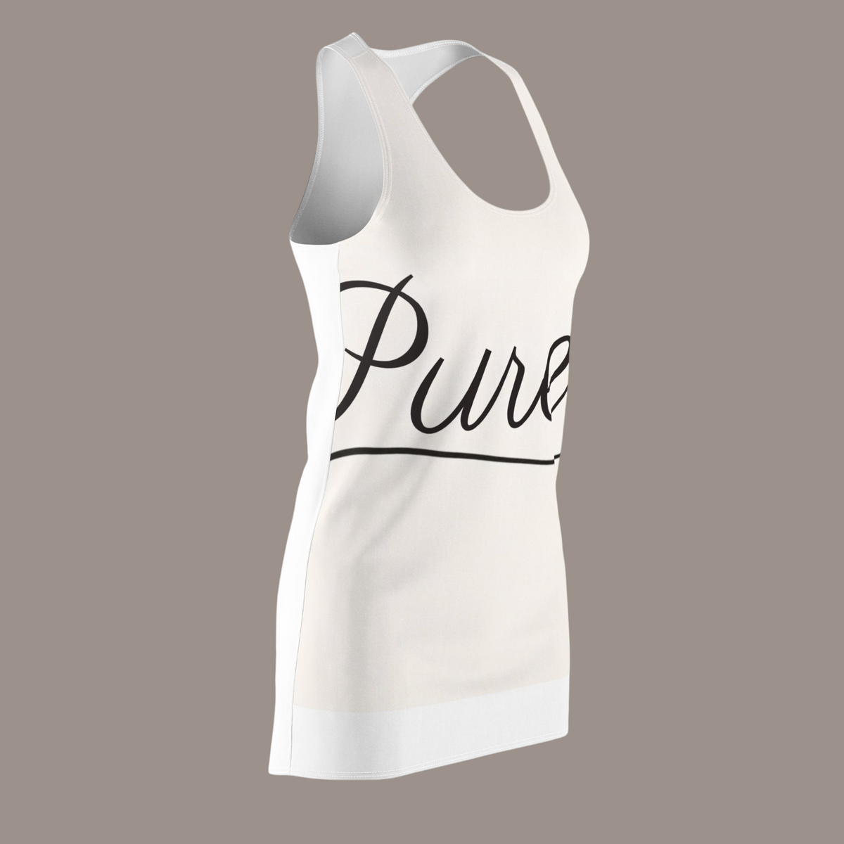 PURETE women's white racerback dress with black cursive logo print, made from lightweight polyester.