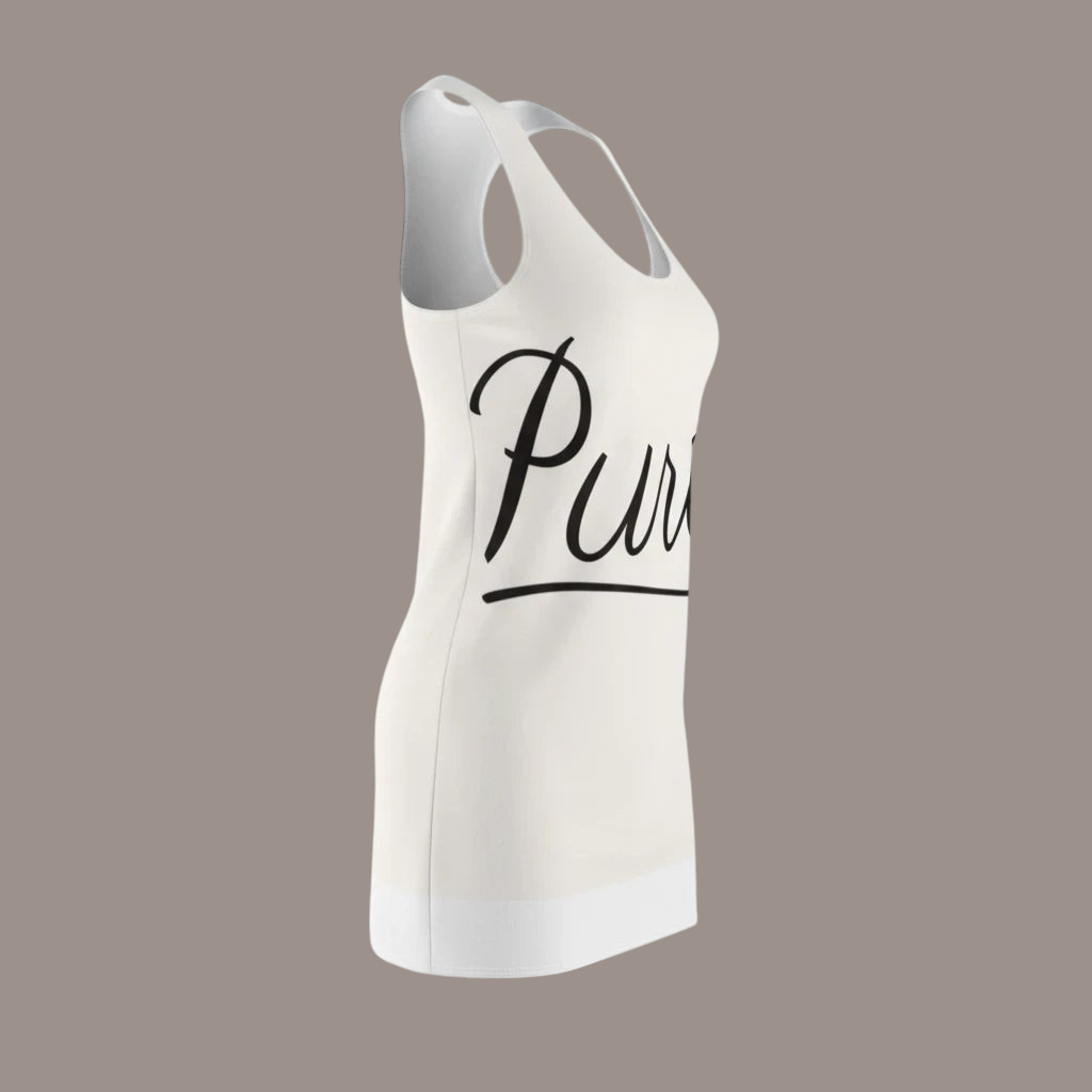 PURETE white racerback dress with black script logo, made from lightweight polyester in a sporty fit.