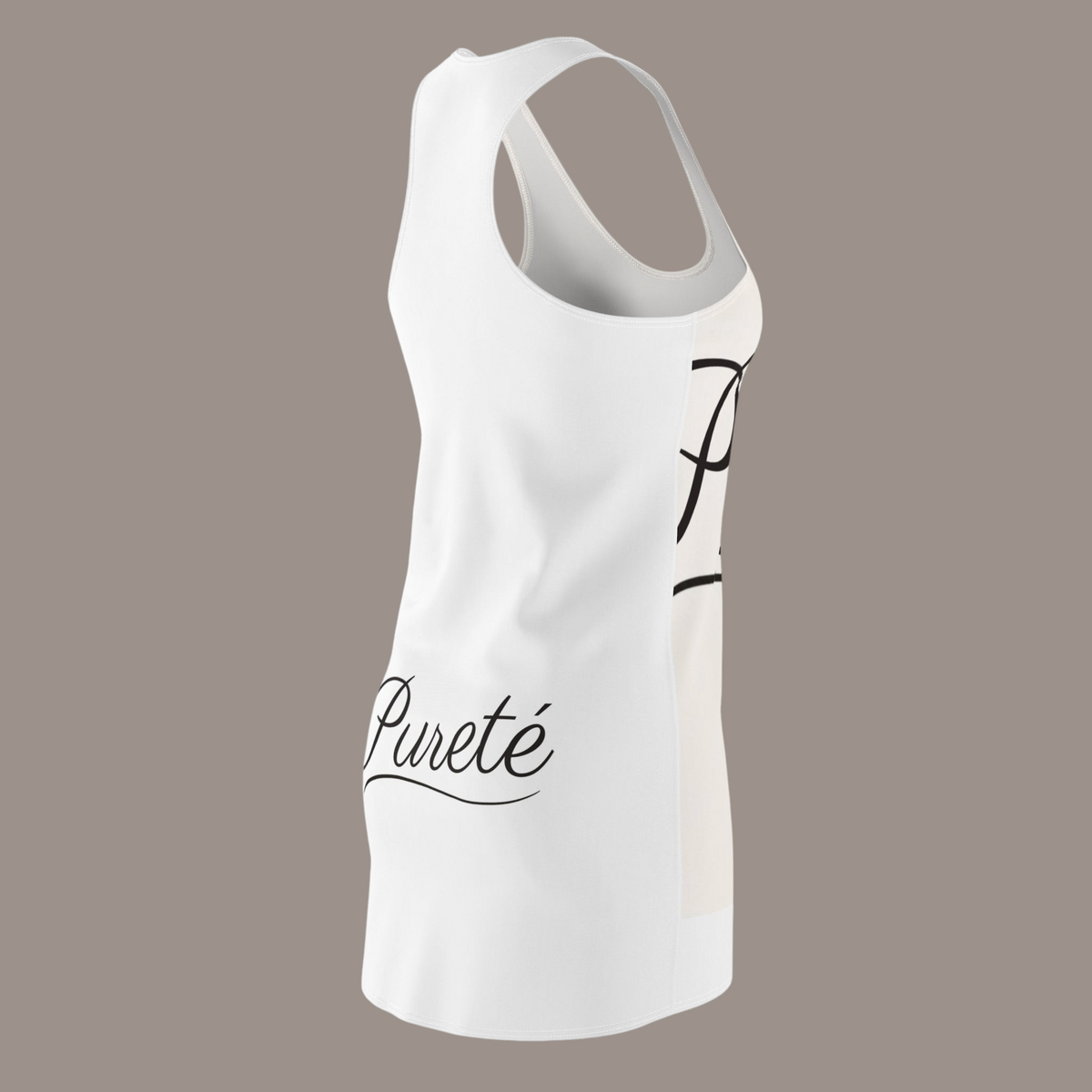 PURETE women's white racerback dress with black script logo, side view of sporty polyester sleeveless dress