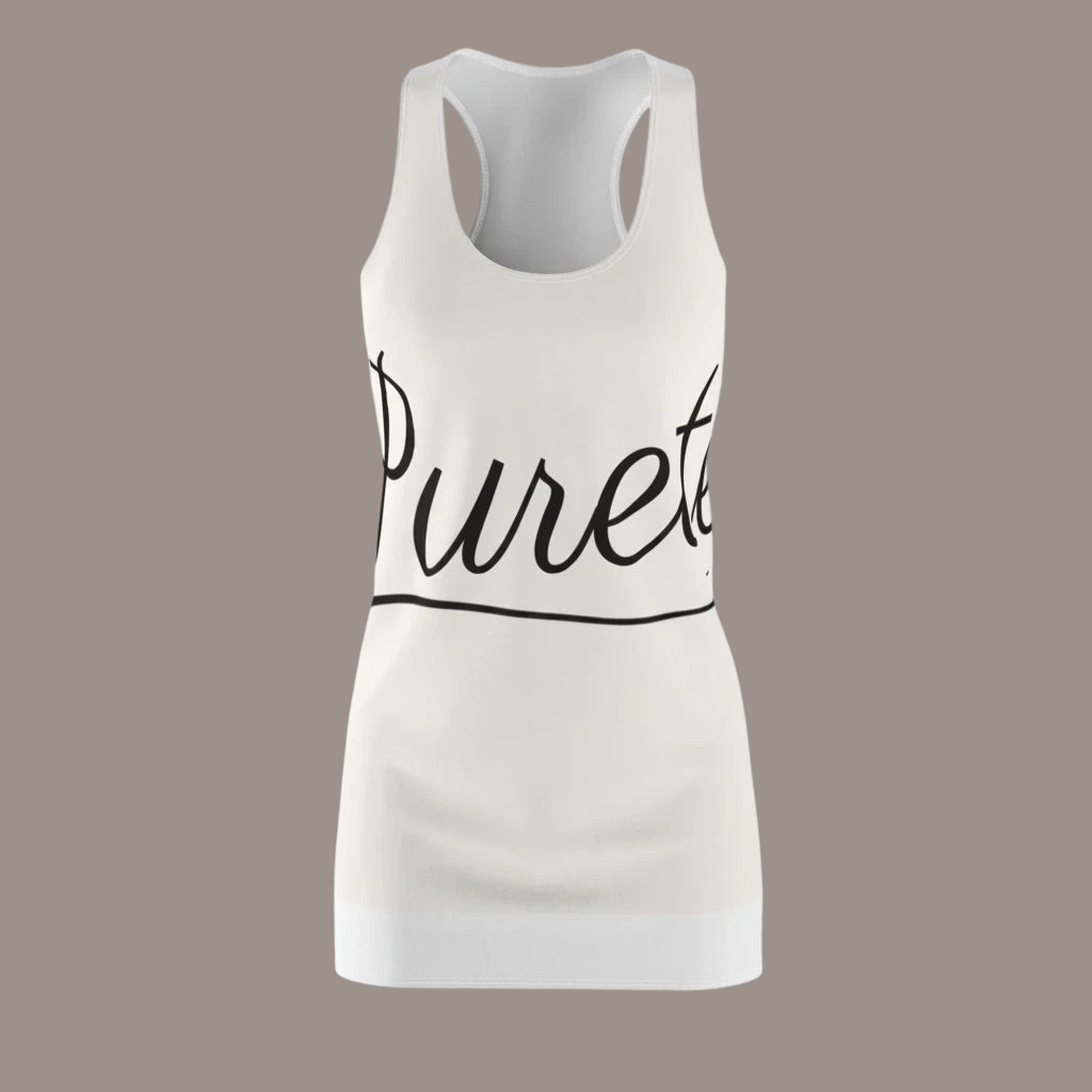 PURETE white racerback dress with black script logo in a sporty polyester fabric