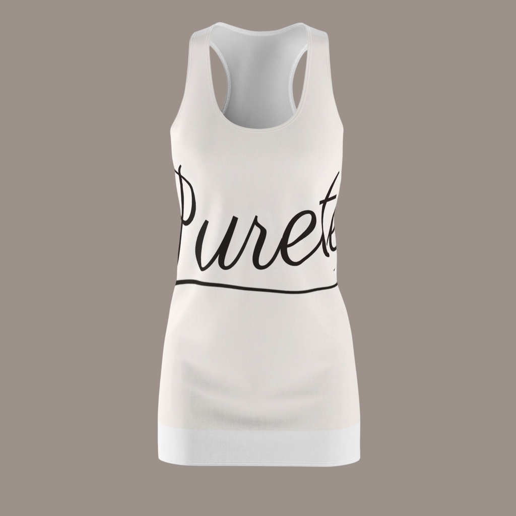 PURETE women's white racerback dress with black cursive logo print, made from lightweight polyester fabric.