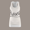 PURETE women's white racerback dress with black cursive logo print, made from lightweight polyester fabric.