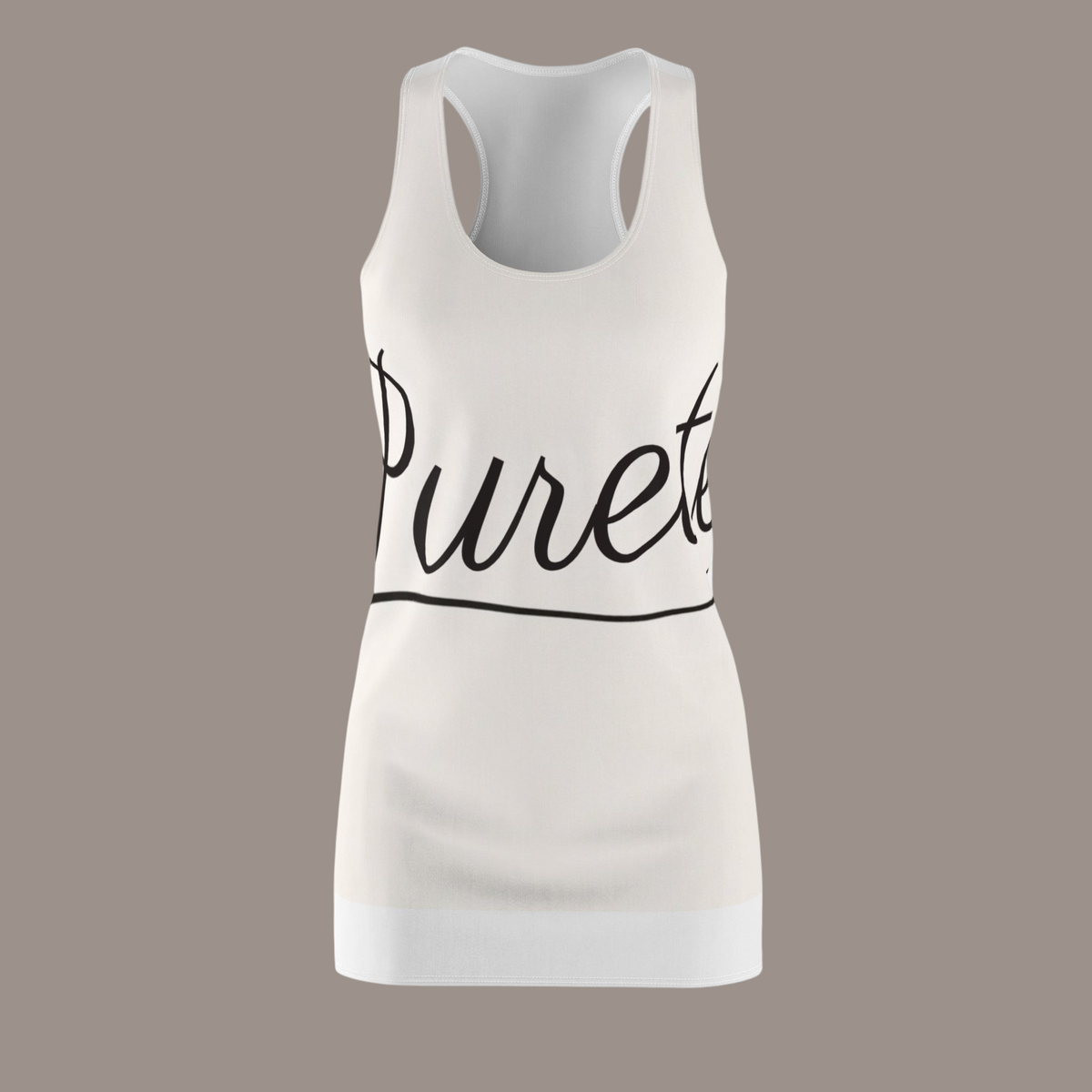 PURETE women's white racerback dress with black cursive logo print, made from lightweight polyester fabric.