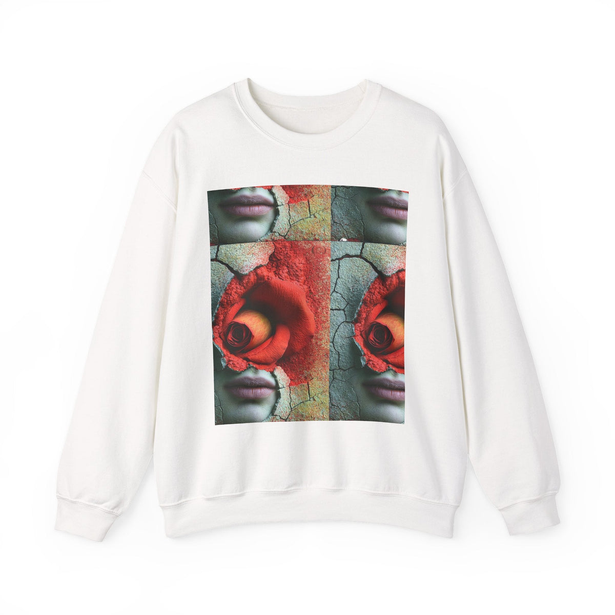 PURETE crewneck sweatshirt in white featuring a surreal grid print of a red rose and face on a cracked earth background.