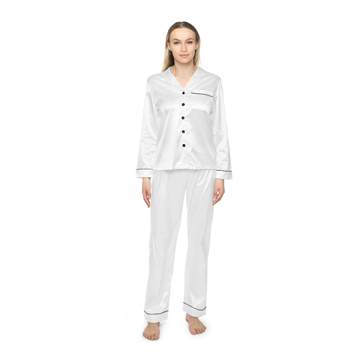 PURETE women's white satin pajama set with black trim, notch lapel, and button-down shirt on a model.