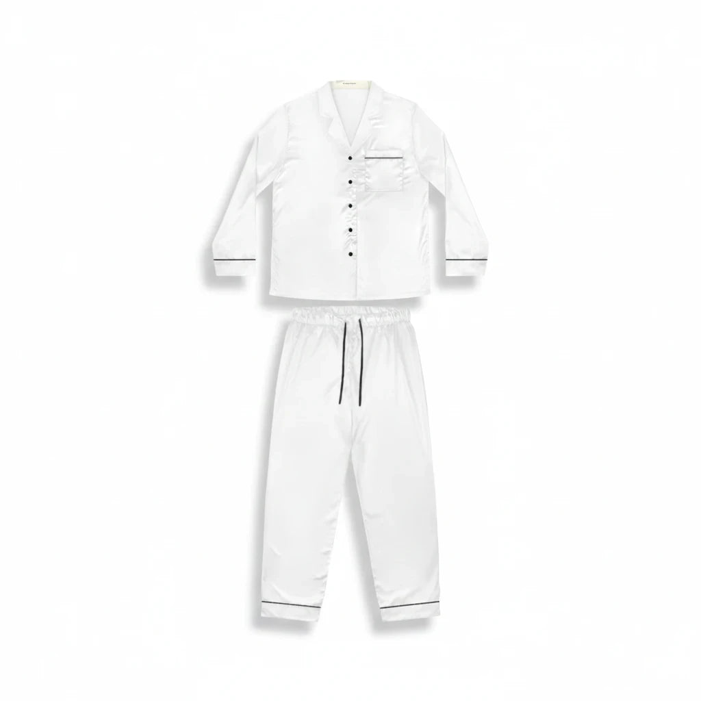 PURETE women's white satin pajama set with black trim, notch lapel, button-down top, and drawstring waist trousers.