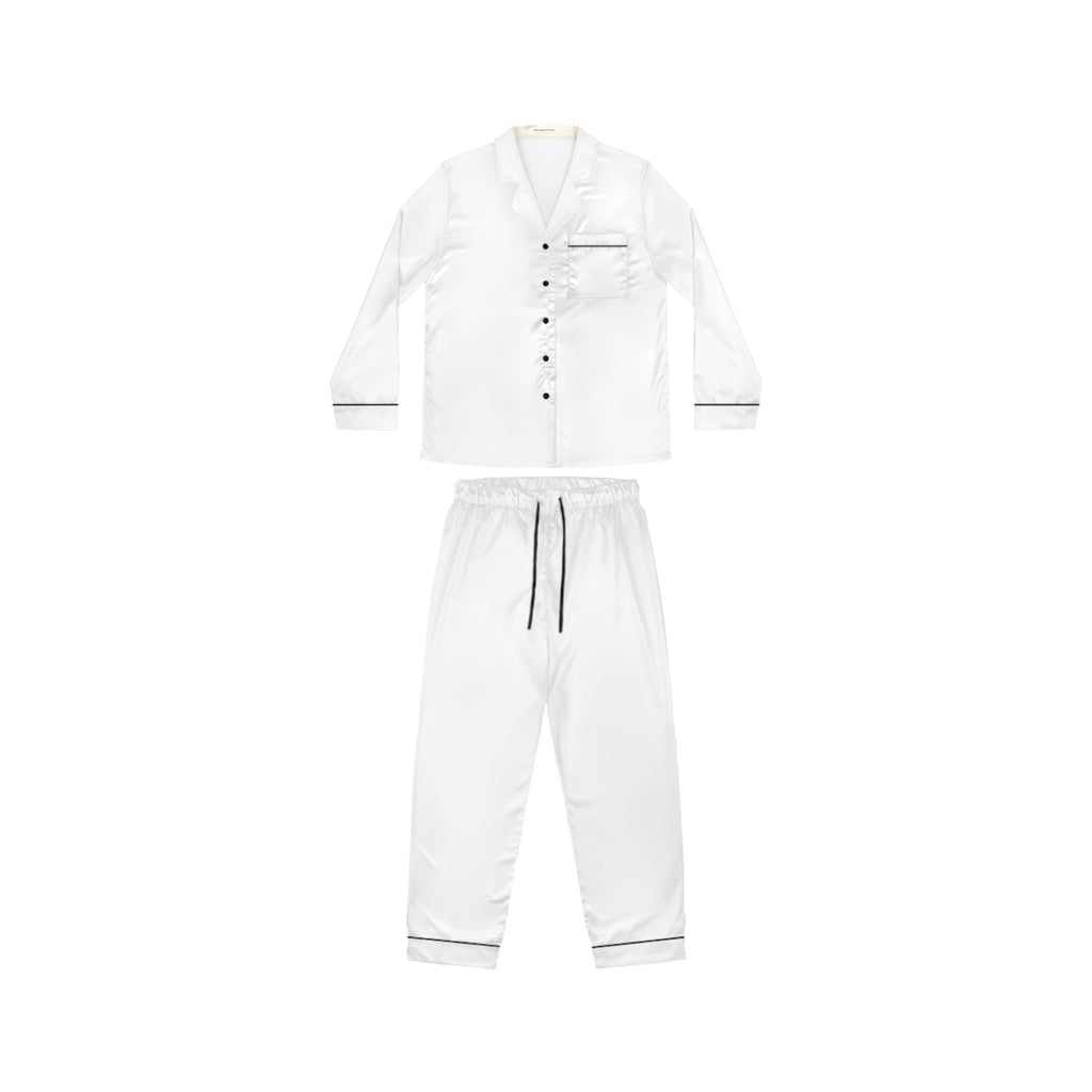 PURETE white satin pajama set for women with black trim, notch lapel, and drawstring waist on a plain background.