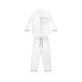 PURETE white satin pajama set for women with black trim, notch lapel, and drawstring waist on a plain background.