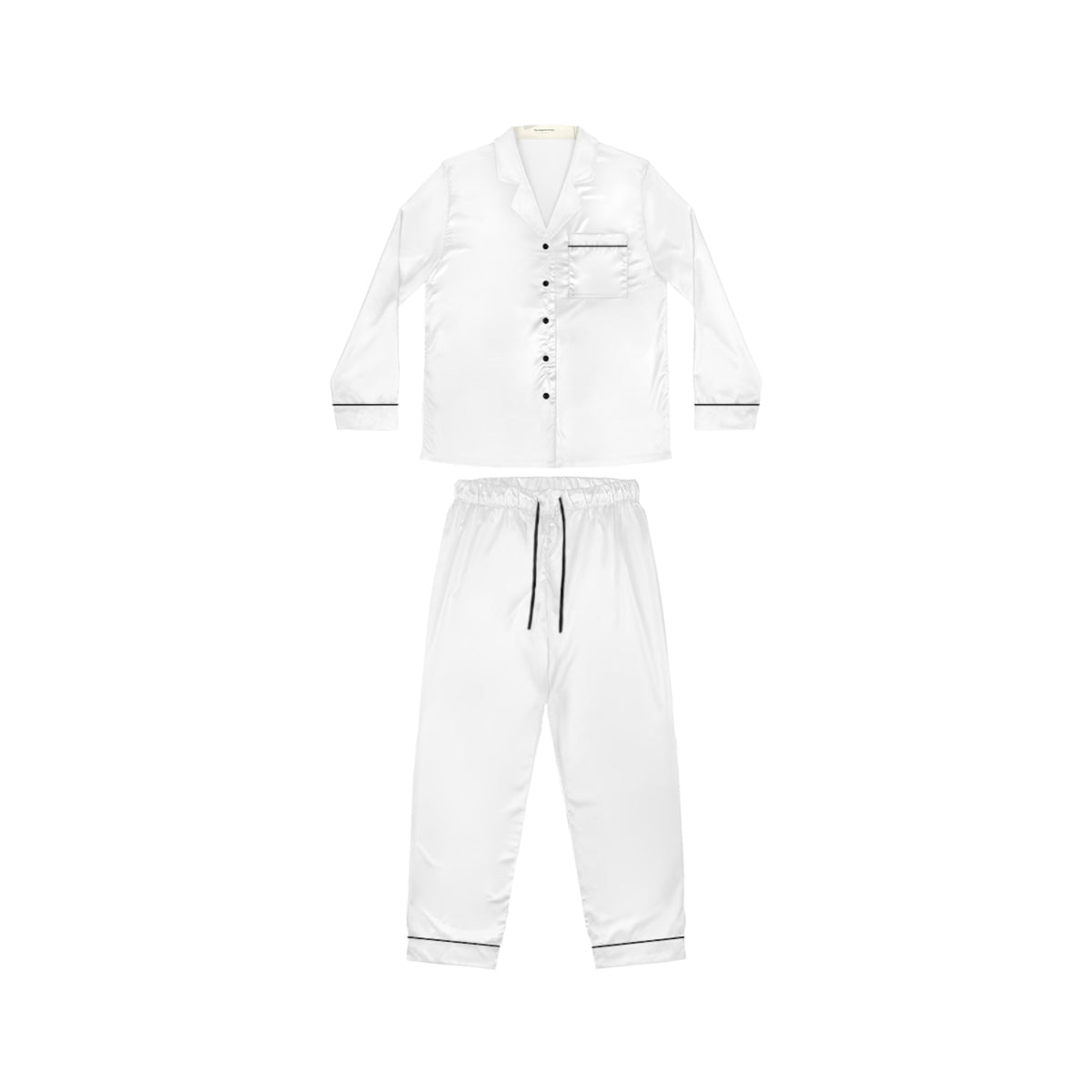 PURETE white satin pajama set for women with black trim, notch lapel, and drawstring waist on a plain background.