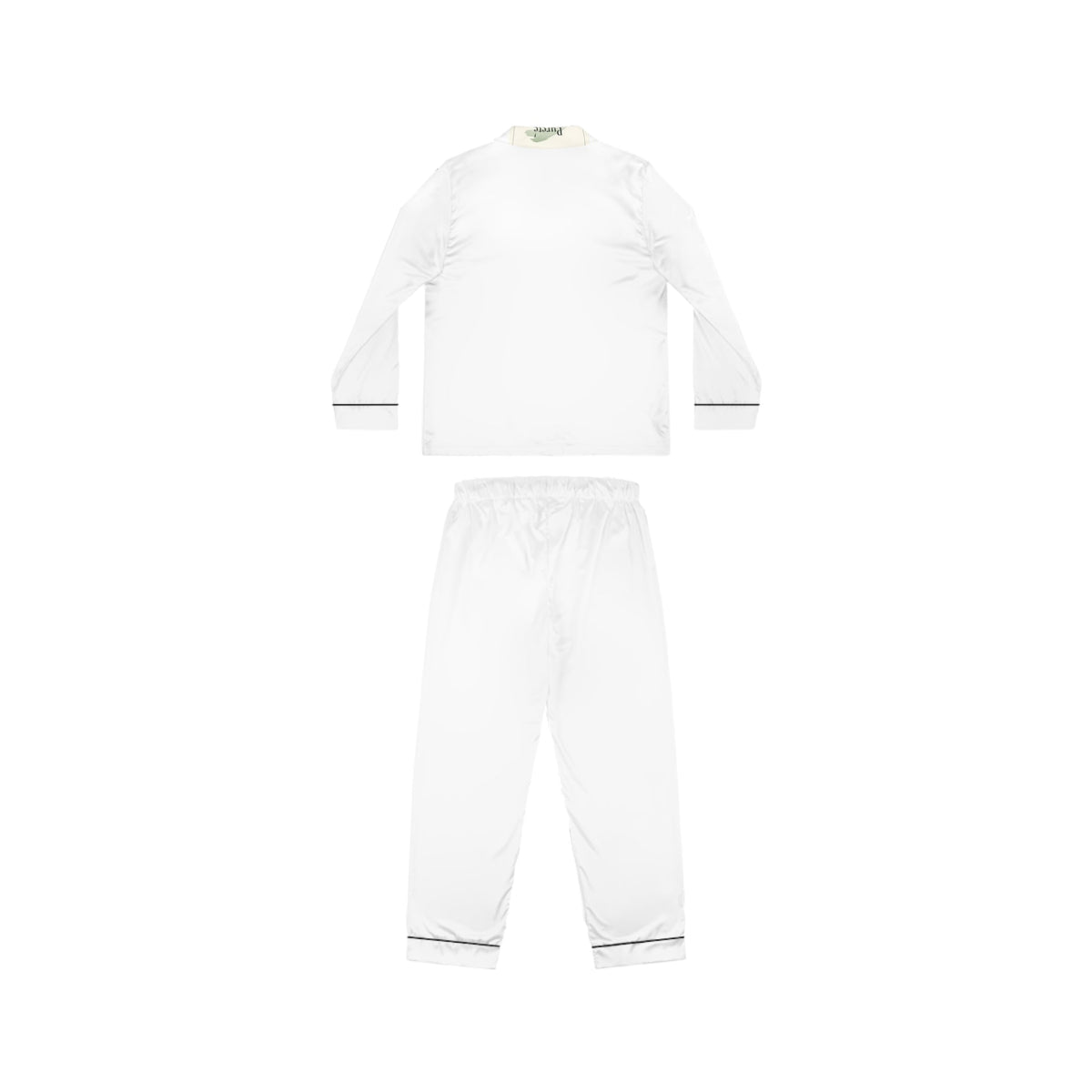 PURETE women's white satin pajama set with notch lapel, long sleeves, and black trim details on a plain background.