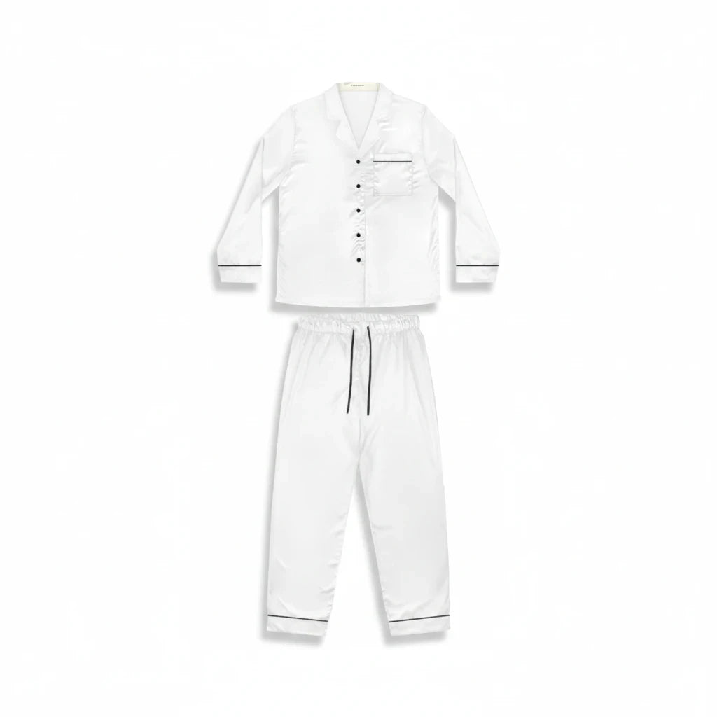 PURETE white satin pajama set for women with black trim, notch lapel collar, and drawstring waist.