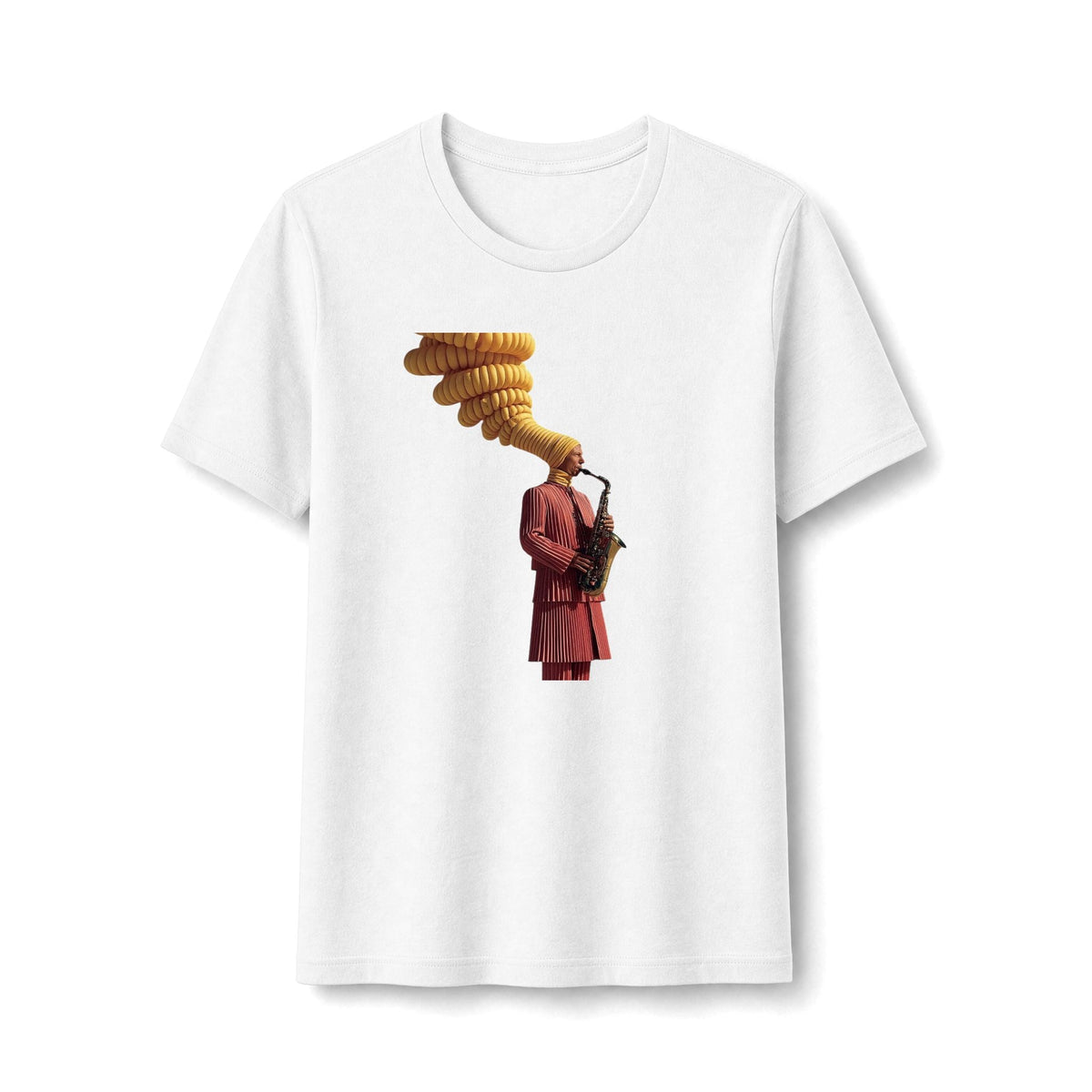 PURETE white slim-fit women's tee featuring a vintage graphic of a saxophonist in a red suit with golden notes.