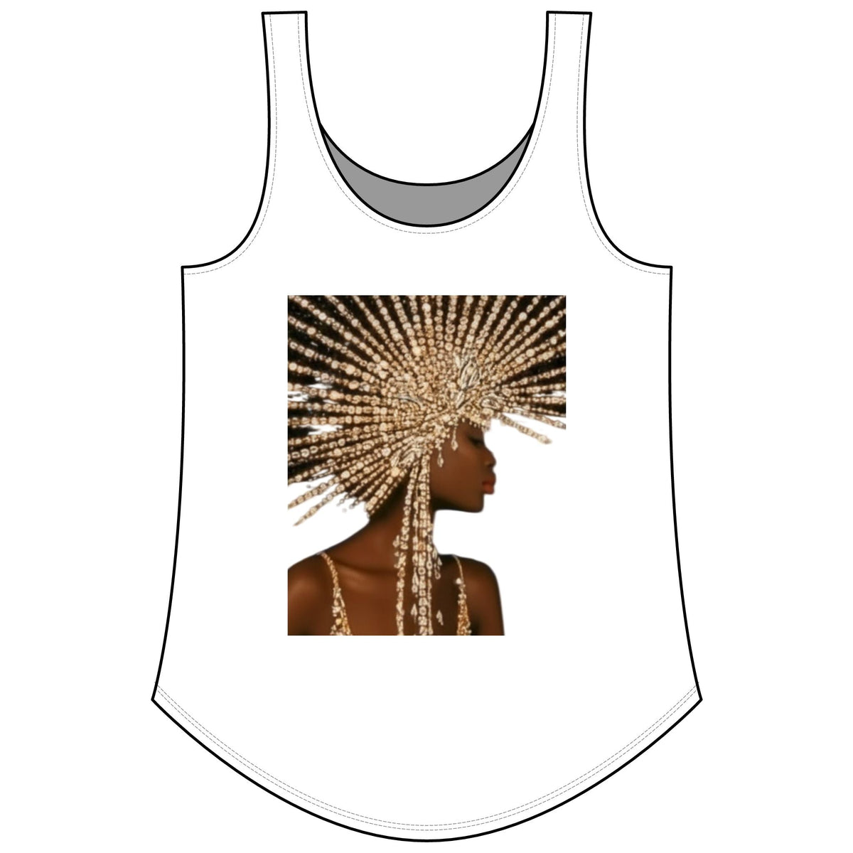 PURETE white scoop neck tank top featuring a graphic print of a woman wearing an elaborate gold beaded headpiece.