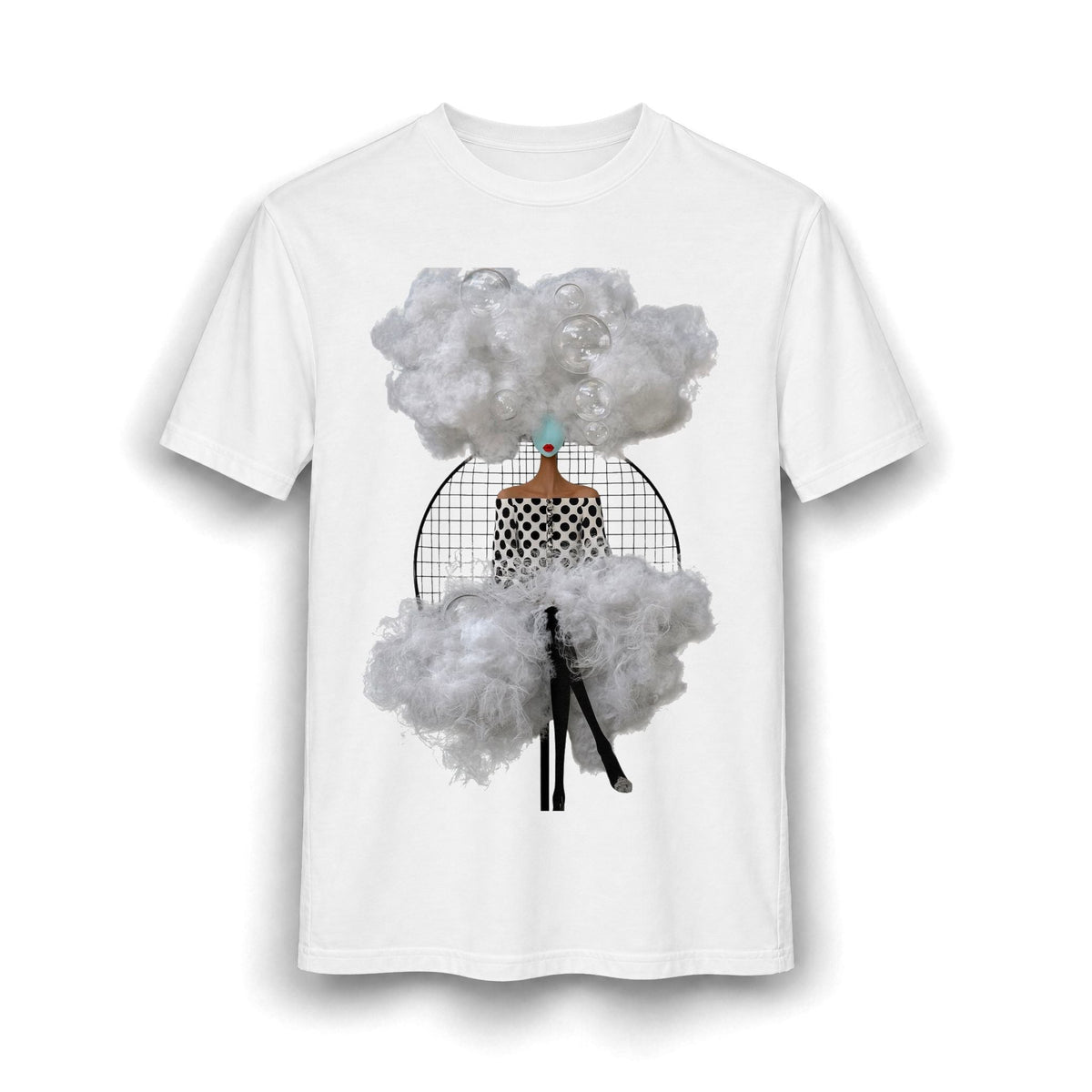 PURETE white graphic t-shirt featuring a surreal abstract woman collage with clouds and bubbles on a cotton blend.